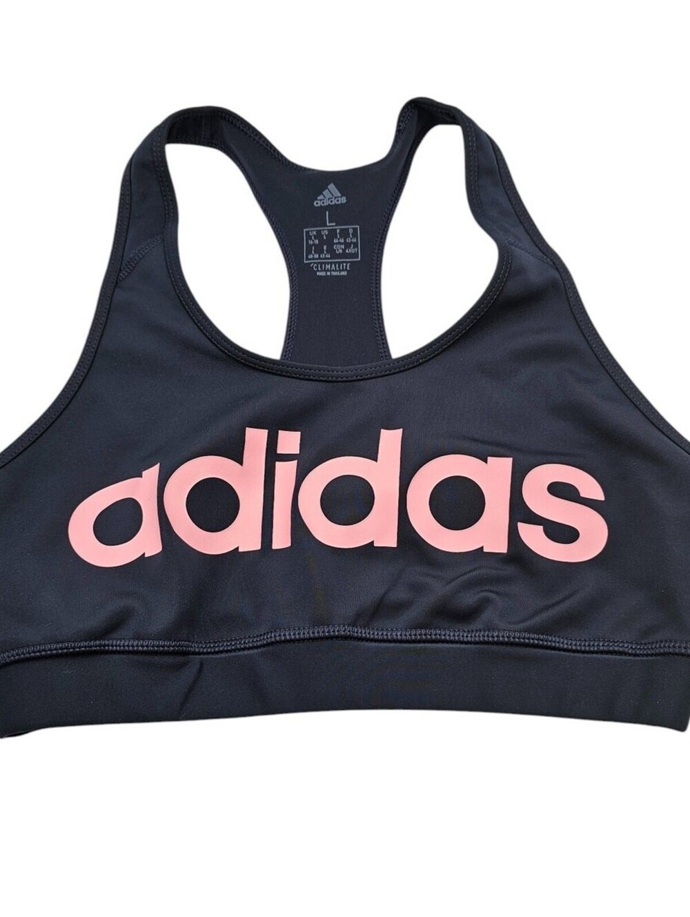 Adidas Womens Sz L Classic Racer Back Sports Bra Navy Blue w/ Pink Letters